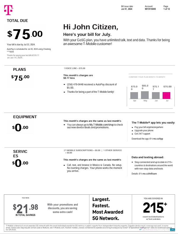 download download USA T Mobile Monthly utility bill 12 pages